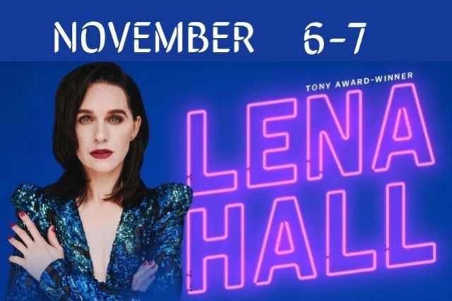 Tony Award winner Lena Hall beside her name in pink neon